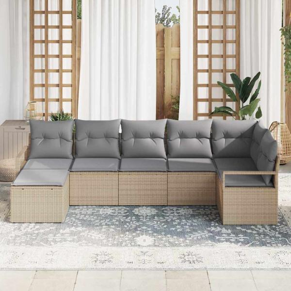 7-teiliges Garten Sofa Set mit Kissen Beige Poly Rattan, 2-Sitzer Garten Sofa mit Kissen Beige Poly Rattan