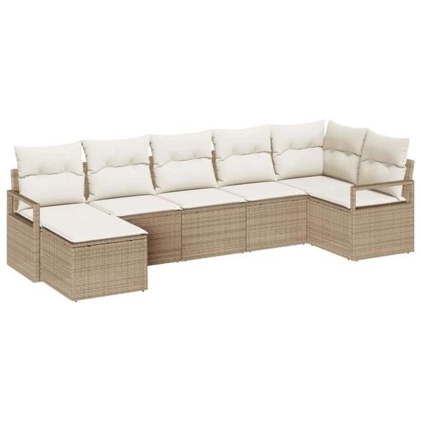 7-teiliges Garten Sofa Set mit Kissen Beige Poly Rattan, 2-Sitzer Garten Sofa mit Kissen Beige Poly Rattan