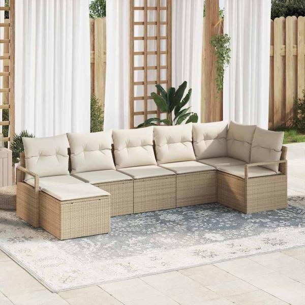 7-teiliges Garten Sofa Set mit Kissen Beige Poly Rattan, 2-Sitzer Garten Sofa mit Kissen Beige Poly Rattan