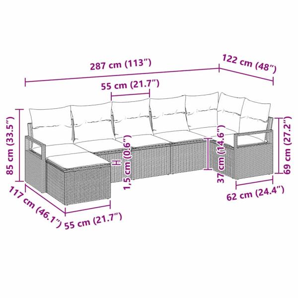 ARDEBO.de - 7-teilige Garten-Sofa-Set mit Kissen Hellgrau Poly-Rattan, 2-Sitzer Garten-Sofa mit Kissen Grau Poly-Rattan