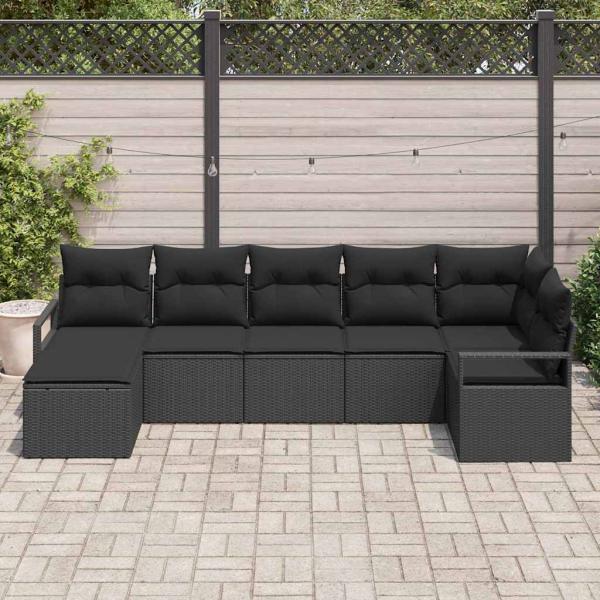ARDEBO.de - 7-teilige Garten-Sofa-Lounge mit Kissen Schwarz Poly-Rattan, 2-Sitzer Garten-Sofa mit Kissen Schwarz Poly-Rattan