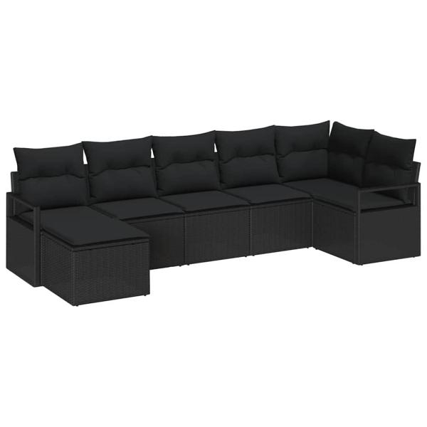 7-teilige Garten-Sofa-Lounge mit Kissen Schwarz Poly-Rattan, 2-Sitzer Garten-Sofa mit Kissen Schwarz Poly-Rattan