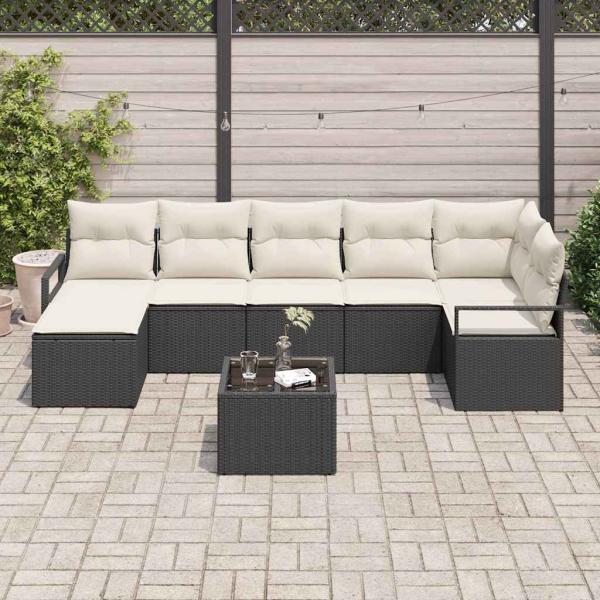 7-teiliges Garten Sofa Set mit Kissen braun Poly Rattan, 2-Sitzer Garten Sofa mit Kissen schwarz Poly Rattan