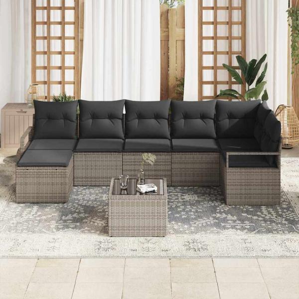 7-teiliges Garten-Sofa-Set mit Kissen Schwarz Poly-Rattan, 2-Sitzer Garten-Sofa mit Kissen Grau Poly-Rattan