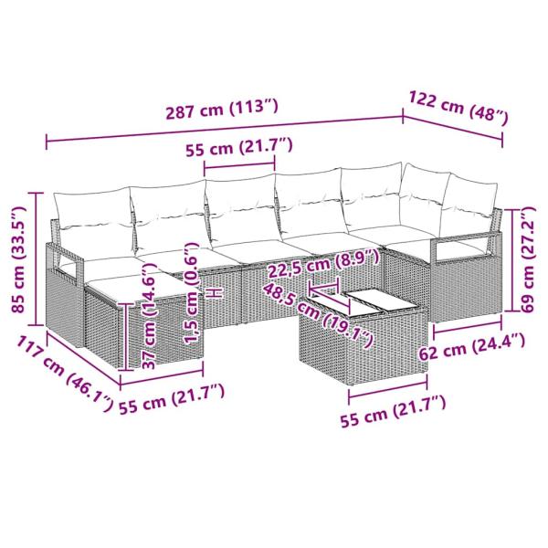 8-teiliges Gartensofa Set mit Kissen Grau Poly Rattan, 2-Sitzer Gartensofa mit Kissen Grau Poly Rattan