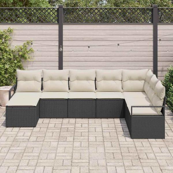 8-teiliges Garten-Sofa-Set mit Kissen in Schwarz aus Poly Rattan, 2-Sitzer Garten-Sofa mit Kissen in Schwarz aus Poly Rattan