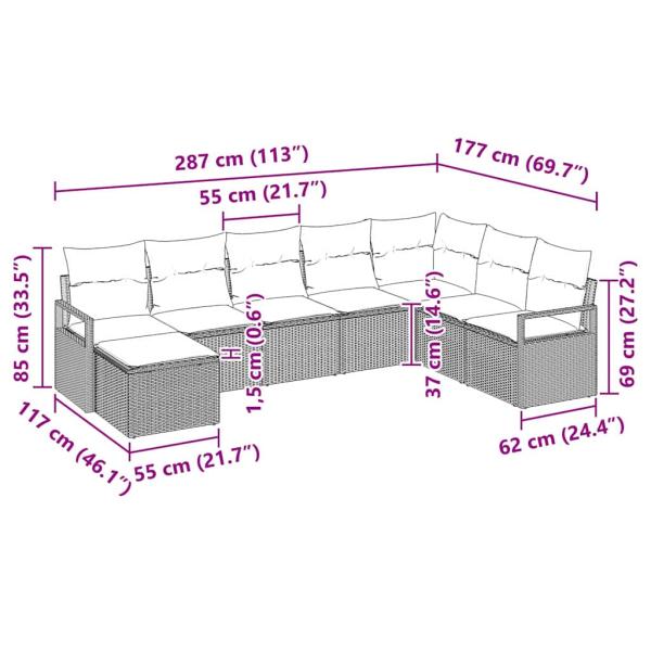 8-teiliges Garten-Sofa-Set mit Kissen in Schwarz aus Poly Rattan, 2-Sitzer Garten-Sofa mit Kissen in Schwarz aus Poly Rattan