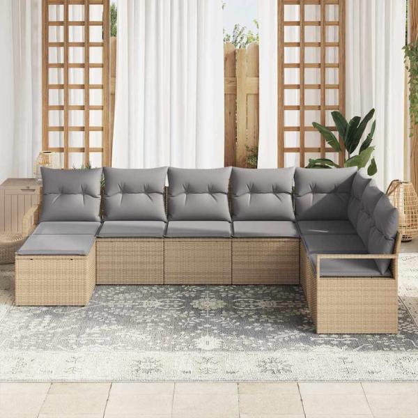 8-teiliges Garten-Sofa-Set mit Kissen Beige Poly Rattan, 2-Sitzer Garten-Sofa mit Kissen Beige Poly Rattan