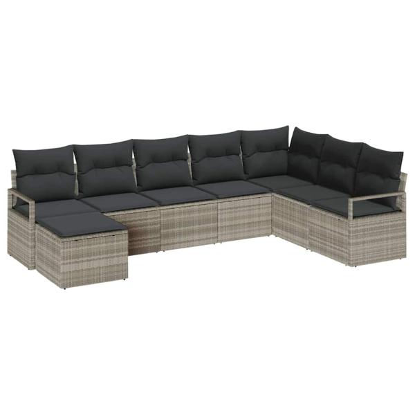 8-teiliges Garten-Sofa-Set mit Kissen Hellgrau Poly-Rattan, 2-Sitzer Garten-Sofa mit Kissen Grau Poly-Rattan