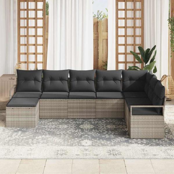 8-teiliges Garten-Sofa-Set mit Kissen Hellgrau Poly-Rattan, 2-Sitzer Garten-Sofa mit Kissen Grau Poly-Rattan