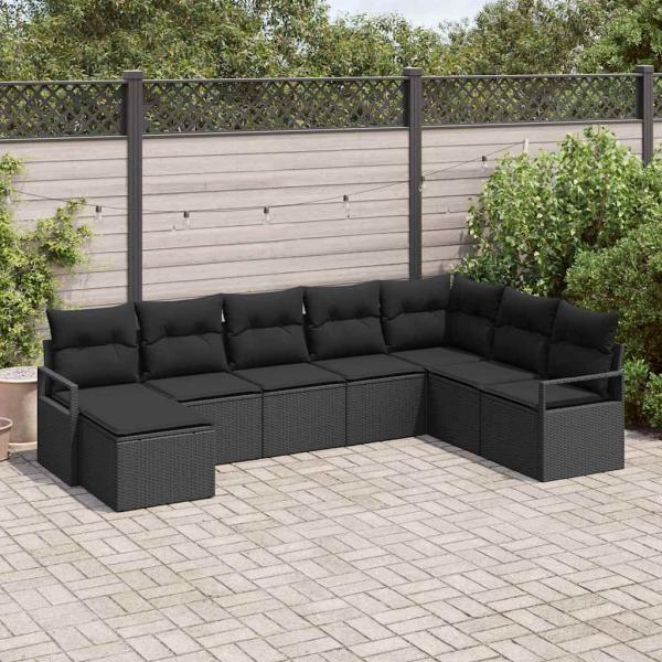 ARDEBO.de - 8-teiliges Garten Sofa Set mit Kissen Schwarz Poly Rattan, 2-Sitzer Garten Sofa mit Kissen Schwarz Poly Rattan