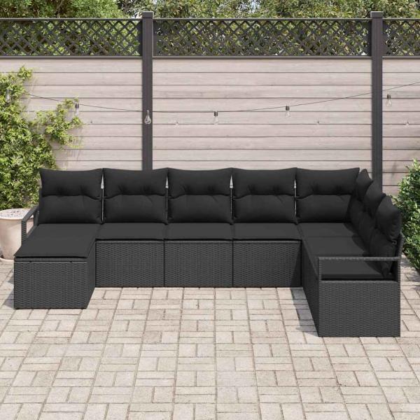 8-teiliges Garten Sofa Set mit Kissen Schwarz Poly Rattan, 2-Sitzer Garten Sofa mit Kissen Schwarz Poly Rattan