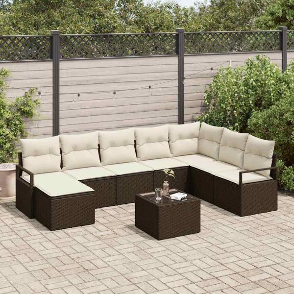 ARDEBO.de - 8-teiliges Garten Sofa Set mit Kissen ? Graues Poly Rattan, 2-Sitzer Garten Sofa mit Kissen ? Braunes Poly Rattan