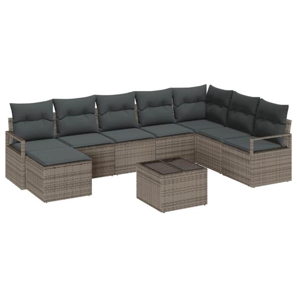 8-teiliges Garten Sofa Set mit Kissen Schwarz Poly Rattan, 2-Sitzer Garten Sofa mit Kissen Grau Poly Rattan