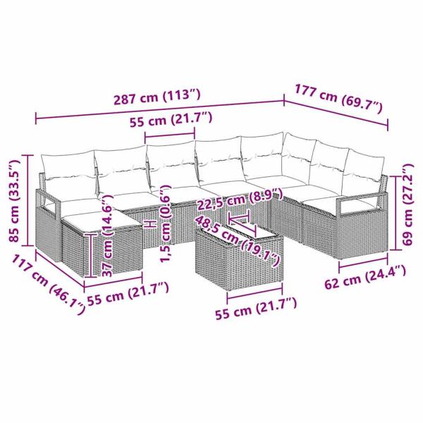 8-teiliges Garten Sofa Set mit Kissen Schwarz Poly Rattan, 2-Sitzer Garten Sofa mit Kissen Grau Poly Rattan