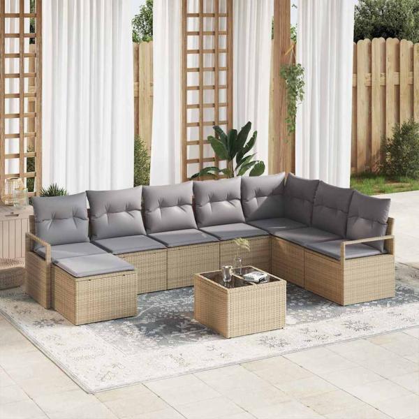 ARDEBO.de - 9-teiliges Garten-Sofa-Set mit Kissen in Schwarz aus Poly-Rattan, 2-Sitzer Garten-Sofa mit Kissen in Beige aus Poly-Rattan