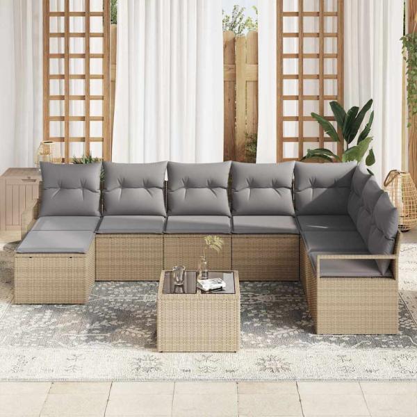 9-teiliges Garten-Sofa-Set mit Kissen in Schwarz aus Poly-Rattan, 2-Sitzer Garten-Sofa mit Kissen in Beige aus Poly-Rattan