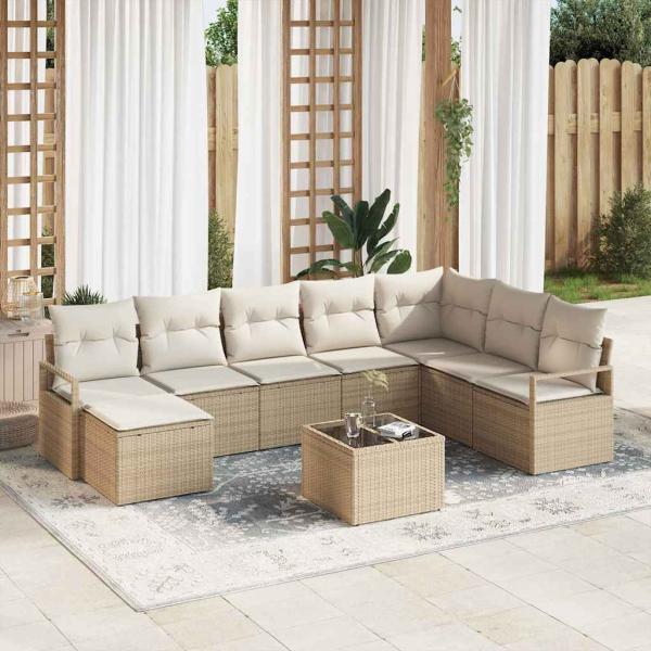 ARDEBO.de - 9-teiliges Garten Sofa Set mit Kissen Braunes Poly Rattan, 2-Sitzer Garten Sofa mit Kissen Beiges Poly Rattan