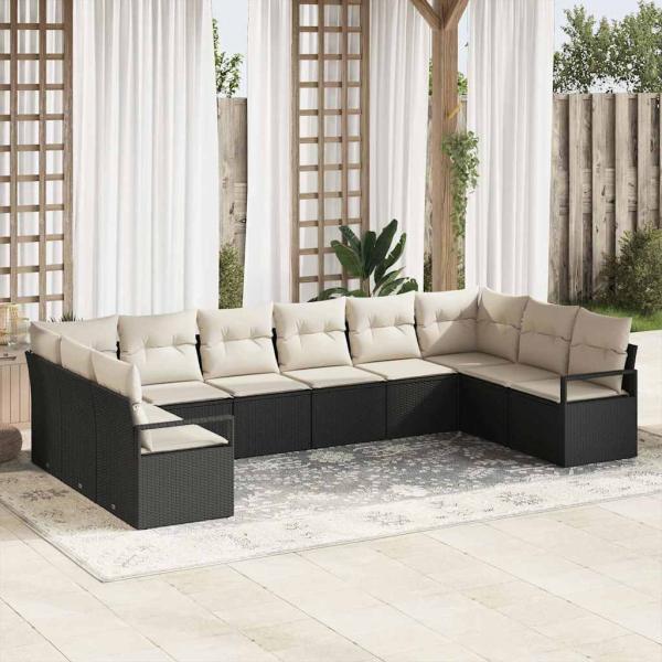 ARDEBO.de - 10-teiliges Garten Sofa Set mit Kissen Schwarz Poly Rattan, 2-Sitzer Garten Sofa mit Kissen Schwarz Poly Rattan