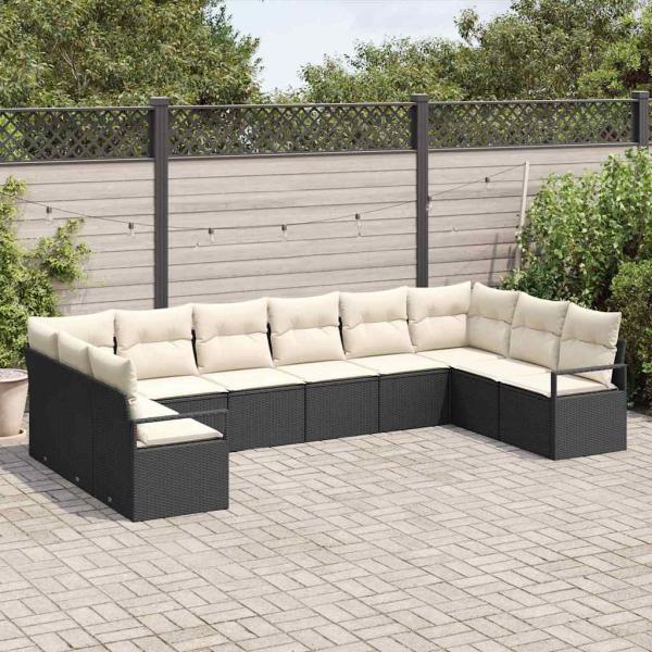 10-teiliges Garten Sofa Set mit Kissen Schwarz Poly Rattan, 2-Sitzer Garten Sofa mit Kissen Schwarz Poly Rattan