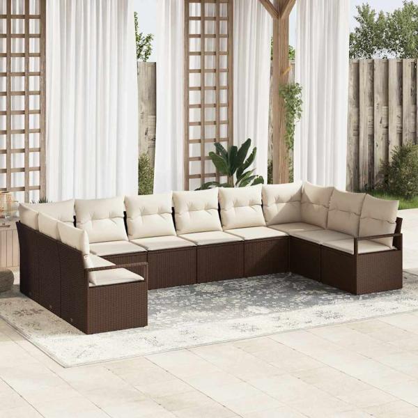 ARDEBO.de - 10-teilige Garten Sofa Set mit Kissen Braun Poly Rattan, 2-Sitzer Garten Sofa mit Kissen Braun Poly Rattan