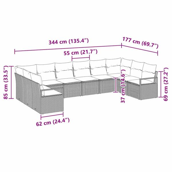 10-teiliges Garten Sofa Set mit Kissen in Beige aus Poly Rattan, 2-Sitzer Garten Sofa mit Kissen in Beige aus Poly Rattan