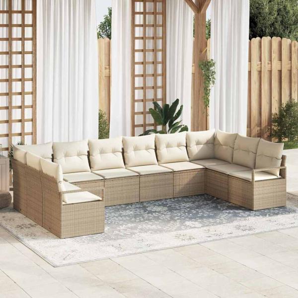 ARDEBO.de - 10-teiliges Garten-Sofa-Set mit Kissen Beige Poly Rattan, 2-Sitzer Garten-Sofa mit Kissen Beige Poly Rattan
