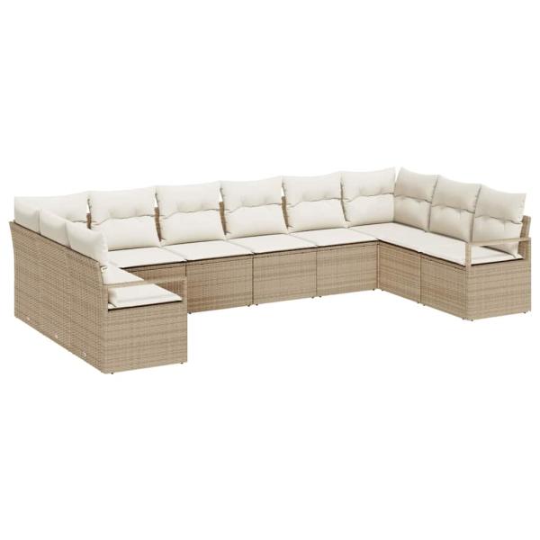 10-teiliges Garten-Sofa-Set mit Kissen Beige Poly Rattan, 2-Sitzer Garten-Sofa mit Kissen Beige Poly Rattan