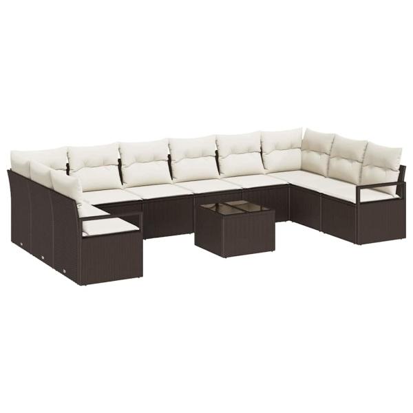 ARDEBO.de - 10-teiliges Garten-Sofa-Set mit Kissen Grau Poly-Rattan, 2-Sitzer Garten-Sofa mit Kissen Braun Poly-Rattan