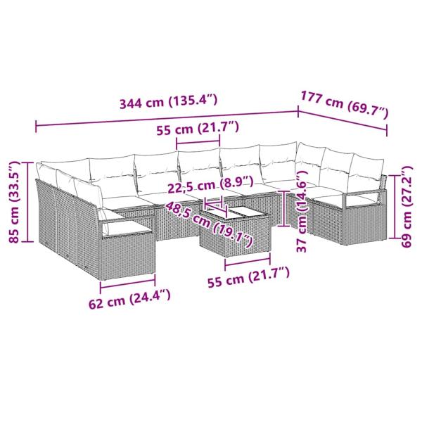 10-teiliges Garten-Sofa-Set mit Kissen Grau Poly-Rattan, 2-Sitzer Garten-Sofa mit Kissen Braun Poly-Rattan