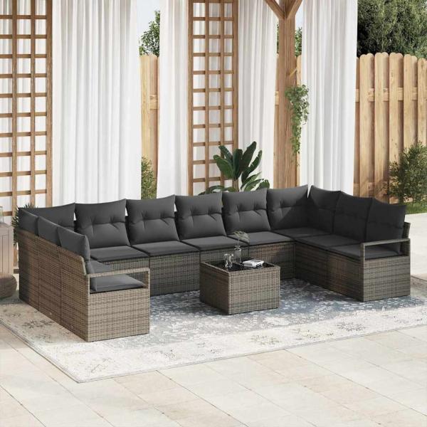 ARDEBO.de - 10-teiliges Garten Sofa Set mit Kissen Schwarz Poly Rattan, 2-Sitzer Garten Sofa mit Kissen Grau Poly Rattan