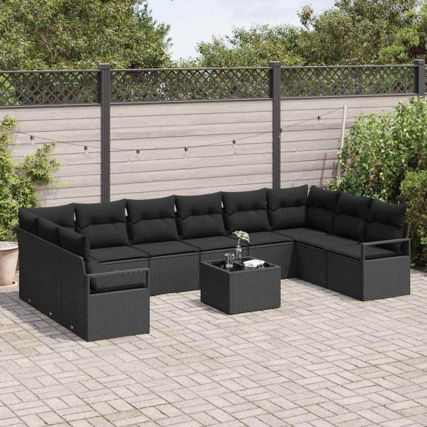 11-teiliges Garten-Sofa-Set mit Kissen in Beige aus Poly Rattan, 2-Sitzer Garten Sofa mit Kissen in Schwarz aus Poly Rattan