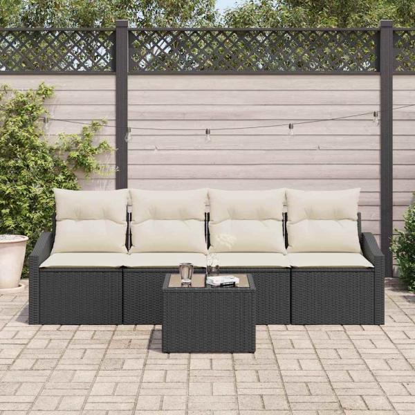 5-teiliges Garten Sofa Set mit Kissen Schwarz Poly Rattan