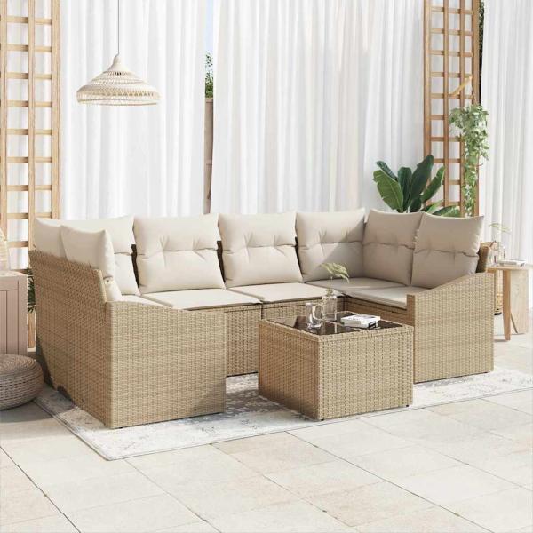ARDEBO.de - 7-teiliges Garten Sofa Set mit Kissen Beige Poly Rattan
