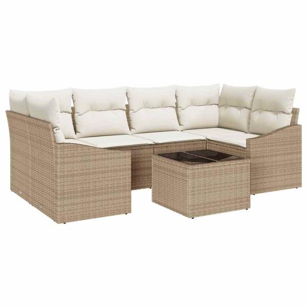 7-teiliges Garten Sofa Set mit Kissen Beige Poly Rattan