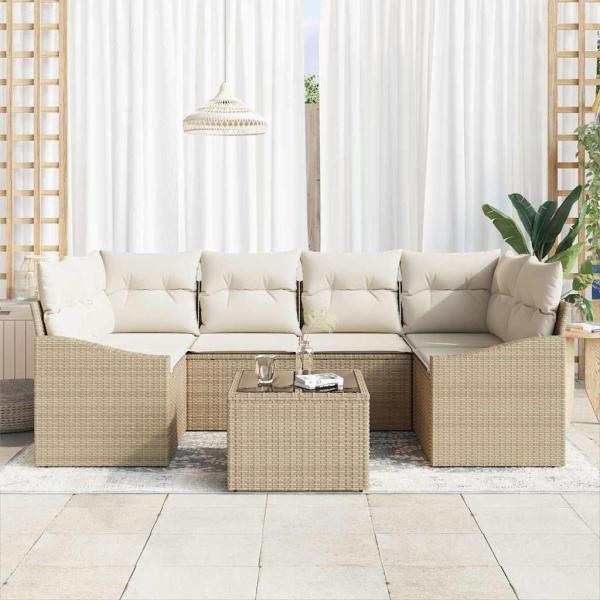 7-teiliges Garten Sofa Set mit Kissen Beige Poly Rattan
