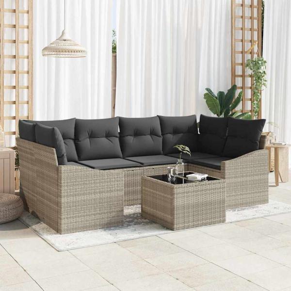 ARDEBO.de - 7-teiliges Garten-Sofa-Set mit Kissen Hellgrau Poly Rattan