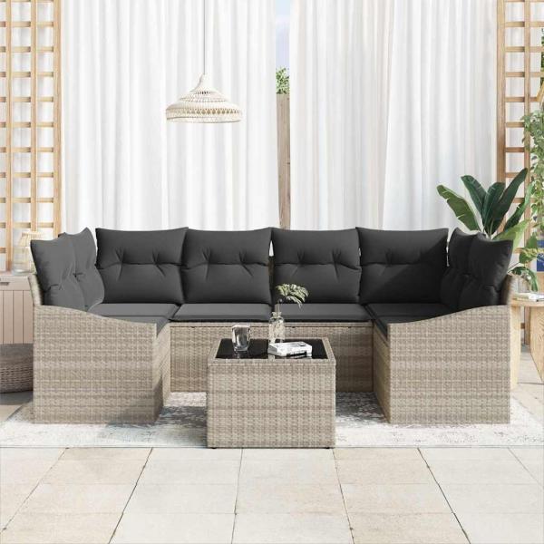 7-teiliges Garten-Sofa-Set mit Kissen Hellgrau Poly Rattan