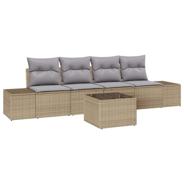 5-teiliges Garten-Sofa-Set mit Kissen Beige Poly Rattan