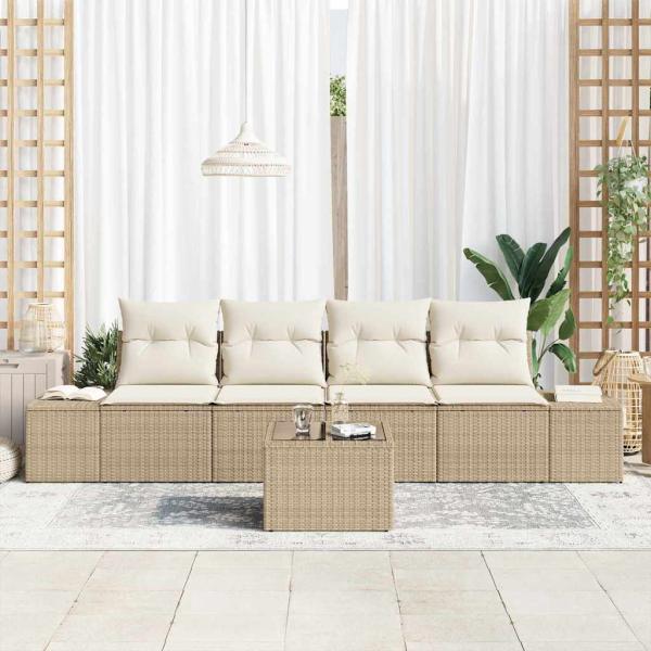 5-teiliges Garten Sofa Set mit Kissen Beige Poly Rattan