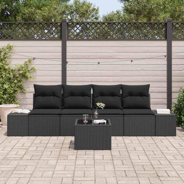 5-teiliges Garten Sofa Set mit Kissen Schwarz Poly Rattan