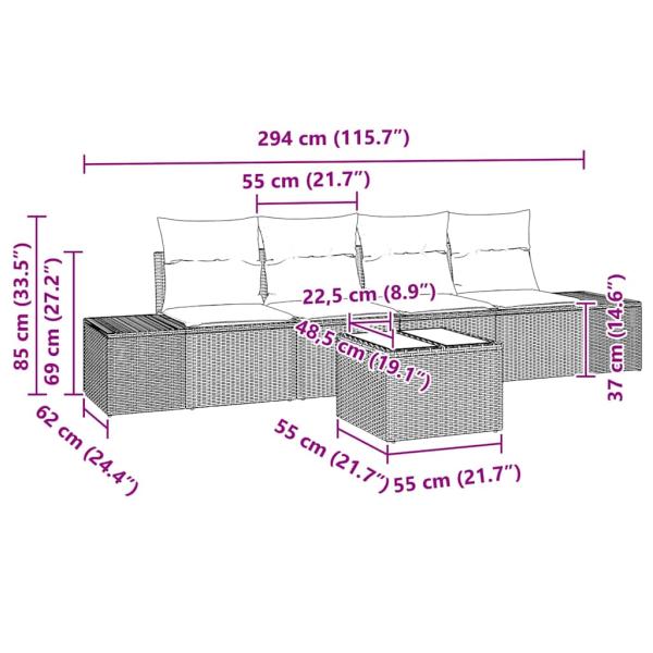 5-teiliges Garten Sofa Set mit Kissen Schwarz Poly Rattan
