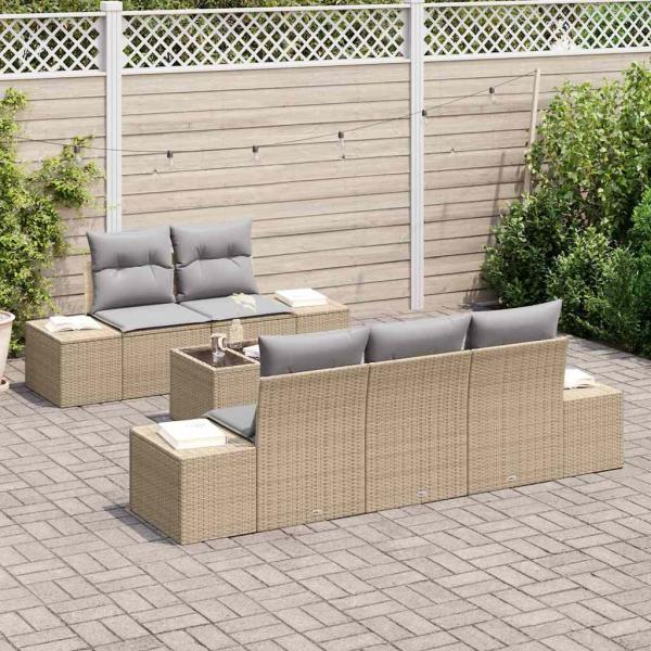 6-teiliges Garten-Sofa-Set mit Kissen Beige Poly-Rattan