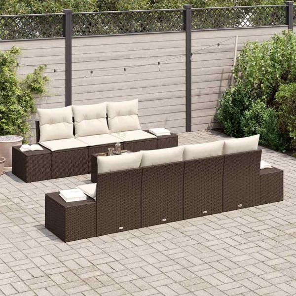 8-teiliges Garten Sofa Set mit Kissen Braun Poly-Rattan