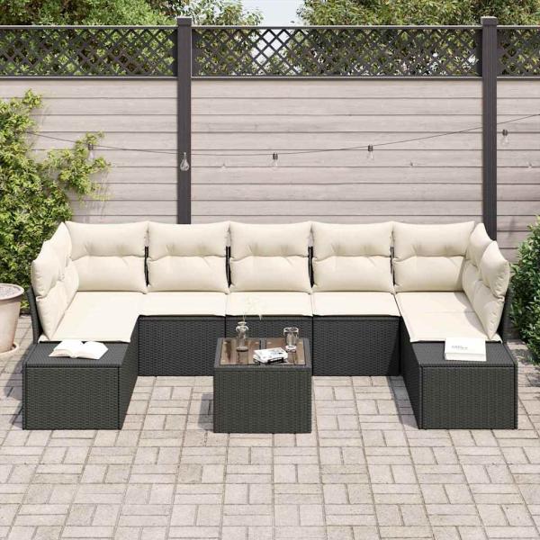 8-teiliges Garten Sofa Set mit Kissen Schwarz Poly Rattan
