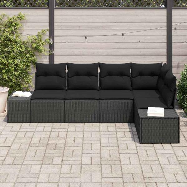 5-teiliges Garten Sofa Set mit Kissen Schwarz Poly Rattan