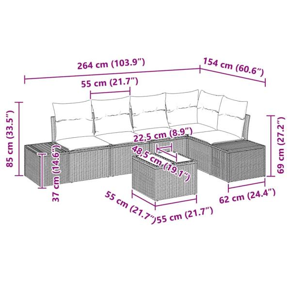 6-teiliges Garten Sofa Set mit Kissen Beige Poly Rattan