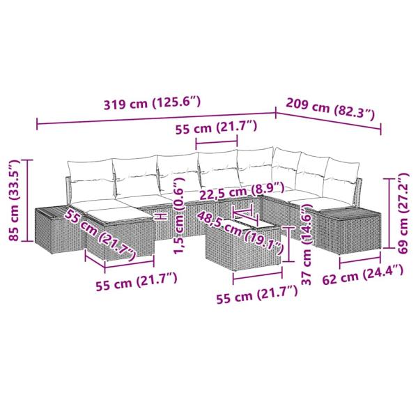 9-teiliges Garten Sofa Set mit Kissen in Braun Poly Rattan