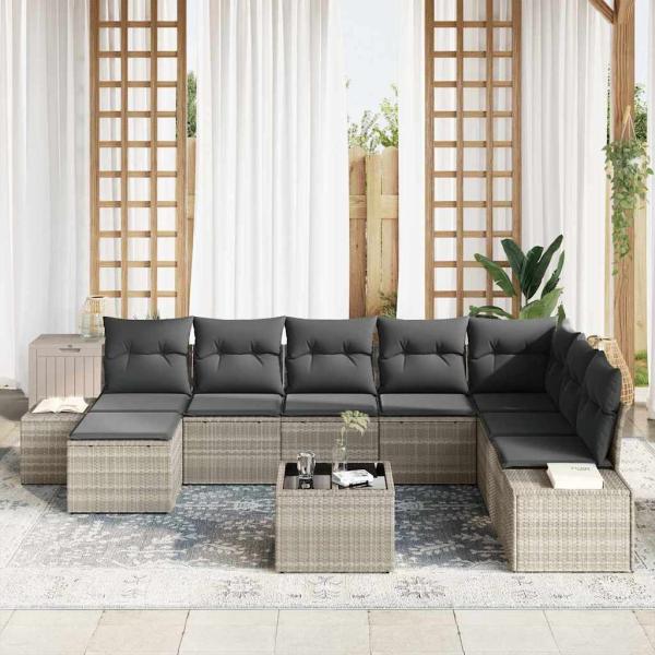9-teiliges Gartensofa-Set mit Kissen Grau Poly Rattan