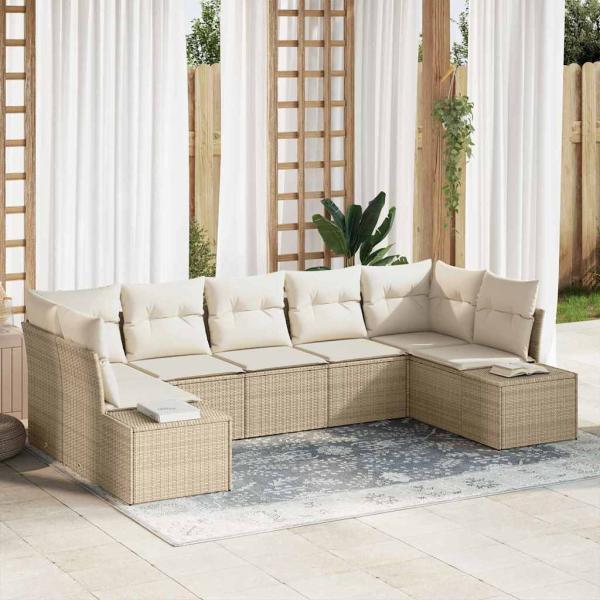 ARDEBO.de - 7-teiliges Garten Sofa Set mit Kissen Beige Poly Rattan